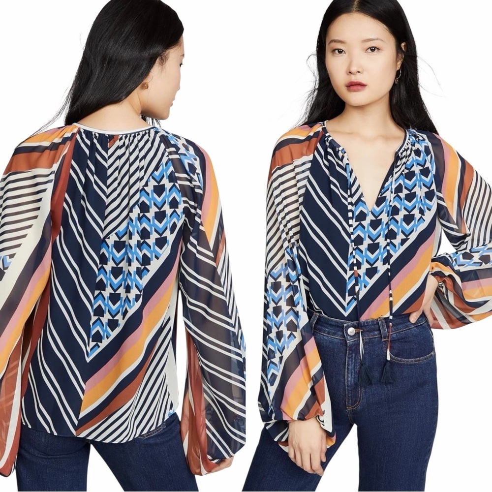 Ramy Brook Geometric Chiffon Tassel Tie Neck Blouse Size M​